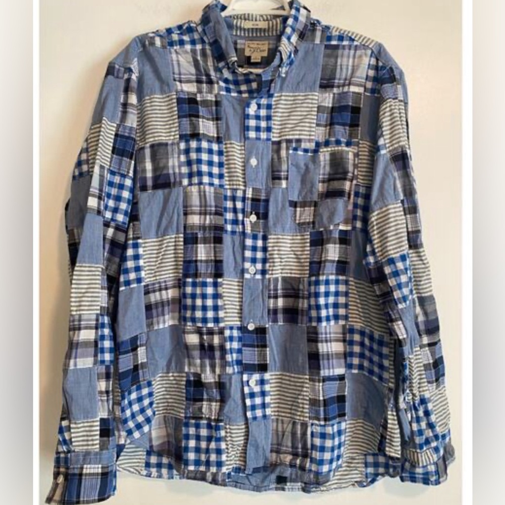 J Crew Men’s Indian Madras Patchwork Shirt L Slim Blue Multi Plaid Button Down